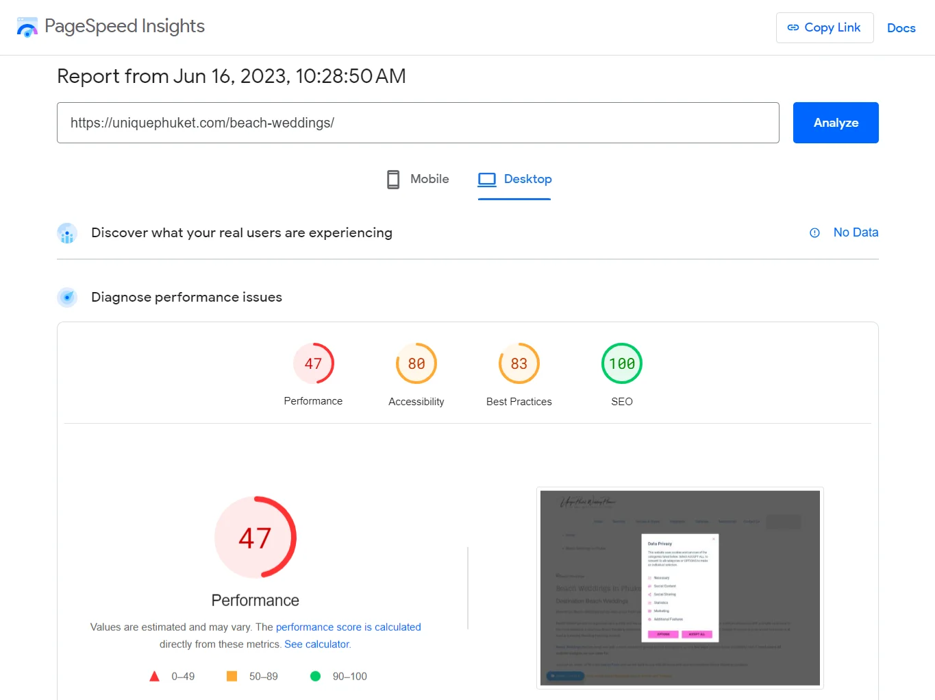 PageSpeed Insights Desktop report showing a performance score of 47.